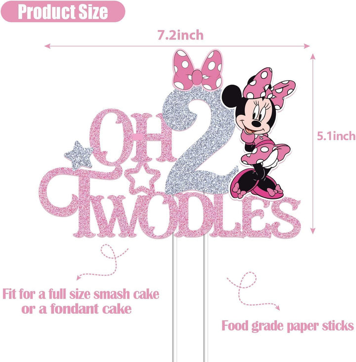 Mouse Oh Twodles Cake Topper for Girls, Pink Glitter Mouse Second 2Nd Birthday Cake Topper with Pink Bows for Girls Birthday Party Decorations Supplies, Silver&Pink