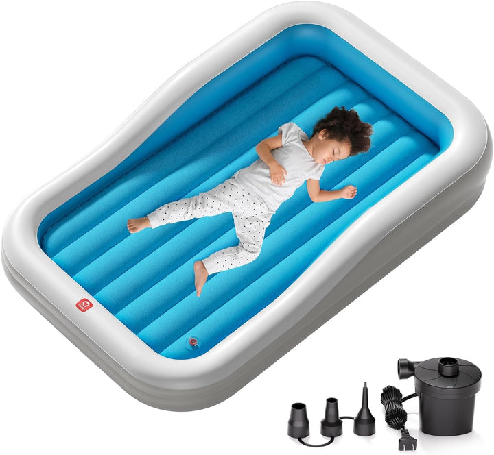 Inflatable Toddler Travel Bed with 3-Sided Safety Bumpers, Extra Large Kids Air Mattress, Includes Fast Electric Pump & Detachable Mattress, Portable for Camping, Travel, Home Use (Grey)