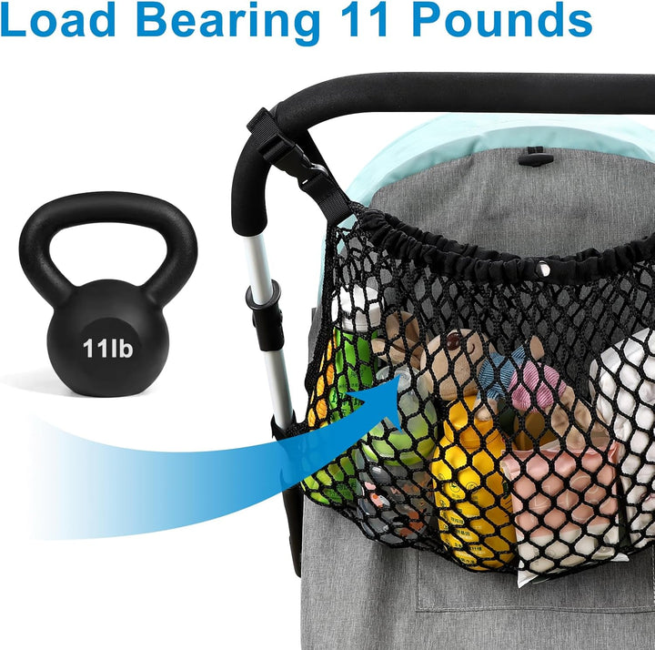 Universal Stroller Organizer, Polyester Net Mesh Bag Fits for Uppababy, Nuna, Britax, Doona Strollers, Non-Slip Adjustable Stroller Mesh Cargo Net Storage Caddy Accessories