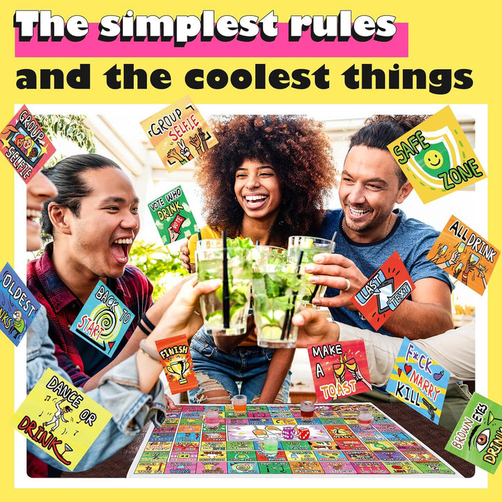 Drinking Board Game for Adults with Non-Slip Rubber Mat, Interactive Drinking Party Games for Game Night, Bachelorette, Girls Night, Birthday, Couples, Family Game Night, 2-8 Players Age 21+