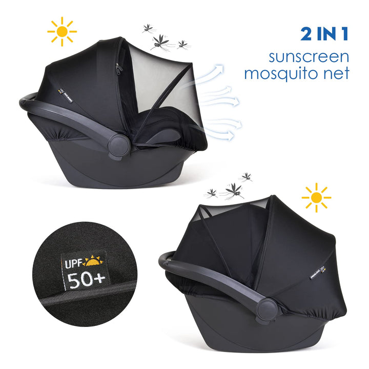 2-In-1 Car Seat Canopy - Universal Baby Car Seat Cover with Sunshade & Mesh Protection, 2-Way Zipper for Easy Access (Black)