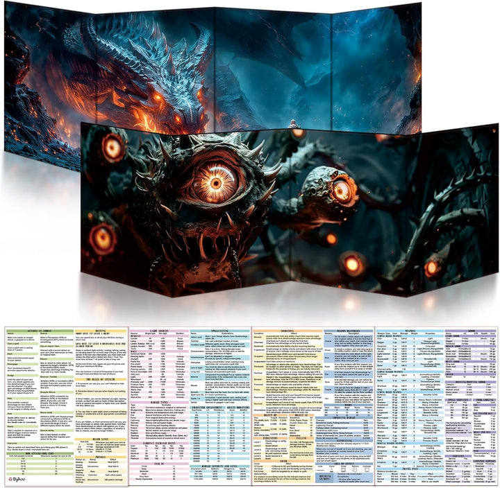 2 PCS DM Screen for D&D 5E with 2 Immersive Themes，Waterproof Reusable Surface, Tri-Fold Portable Design Folds to A4 Size DND Accessories Compatible with Players Handbook