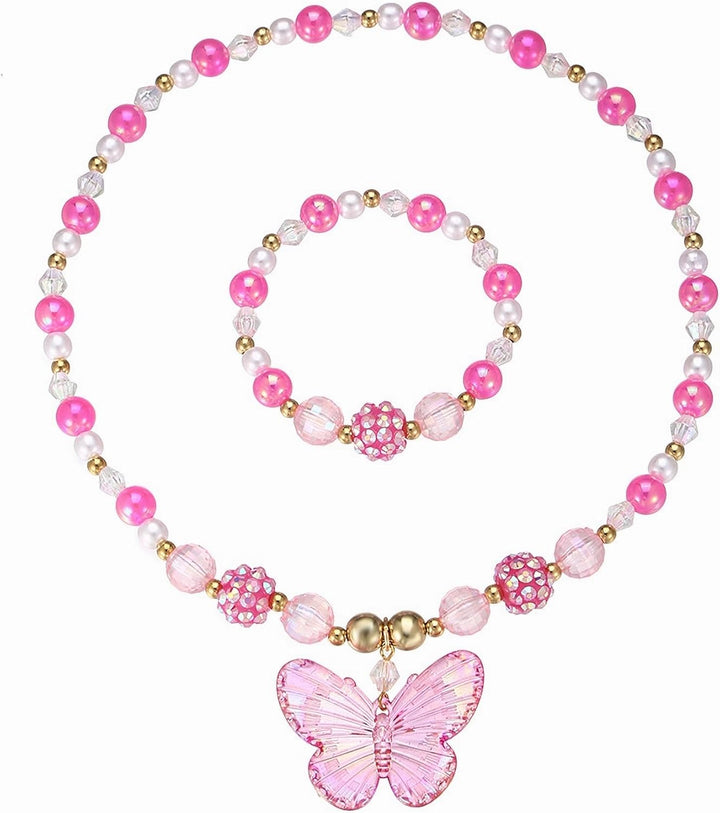 3 Sets Princess Jewelry for Little Girls, Handmade Butterfly Kids Jewelry Set, Stretch Necklace Bracelets, Perfect for Dress Up, Birthday Parties, and Costume Play