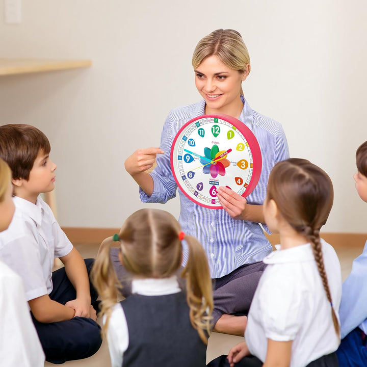 Analog Learning Clock for Kids, 10 Inch Telling Time Pink Wall Children'S Silent Non-Ticking Teach Educational Clock for Bedroom, Classroom Girls Home Decor