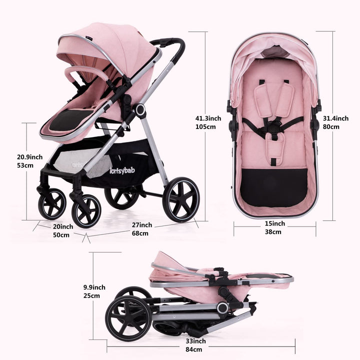 2-In-1 Baby Stroller with Bassinet Mode - Folding Infant Newborn Pram Stroller with Reversible Seat - Toddler Strollers for 0-36 Months Old Babies (Pink)