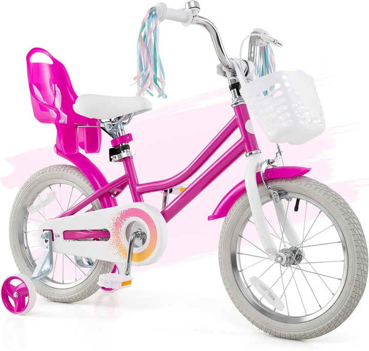Kids Bike, 12 14 16 18 Inch Girls Bike W/Training Wheels, Doll Seat, Streamers, Handbrake & Coaster Brake, Fully Enclosed Chain, Princess Style Children Bicycle, Gift for Girls 3-8