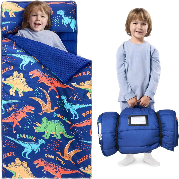 Toddler Nap Mat for Preschool 55''X30'' Sleeping Mat with Removable Pillow and Minky Blanket for Kids Ages 3-7 Roll up Soft Kids Sleeping Bag for Boys Girls Kindergarten Daycare Sleepover