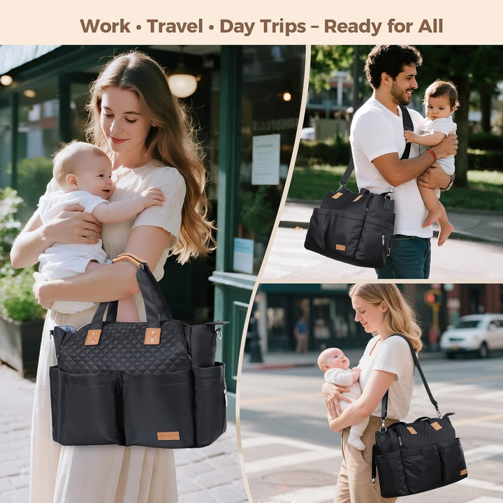 Diaper Bag Tote, Large Diaper Bags Waterproof,Large Mommy Bag for Hospital, Baby Bags for Mom Travel Diaper Tote Messenger Purse, Quilted Black