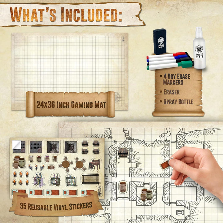 DND Map Starter Kit - 24” X 36", Wet/Dry Erase Battle Terrain Grid - Ultimate Tabletop Gaming Experience with Accessories