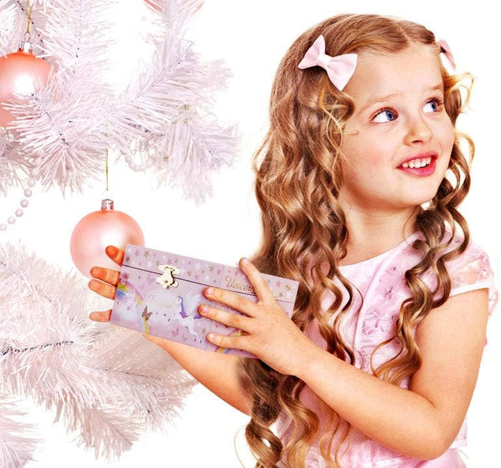 Musical Jewelry Glitter Storage Box and Jewelry Set for Little Girls with Spinning Unicorn and Rainbow - over the Waves Tune Pink