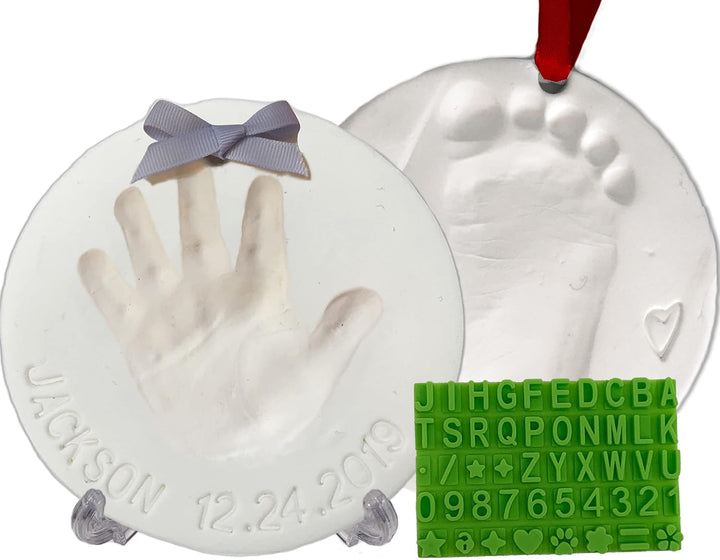 Baby Handprint Footprint Keepsake Ornament Kit (Makes 2) - Bonus Stencil for Personalized Christmas, Newborn, New Mom & Shower Gifts. 2 Easels! Non-Toxic Clay, Air-Dries Light & Soft, Won'T Crack.