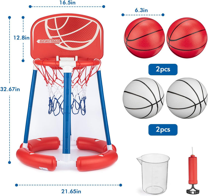 Pool Basketball Hoop with Backboard, Floating Pool Toy for Kids, Inflatbale Pool Basketball Outdoor Toys with 4 Balls & Pump for Swimming Pool, Water Summer Game for Kids Adults, Red