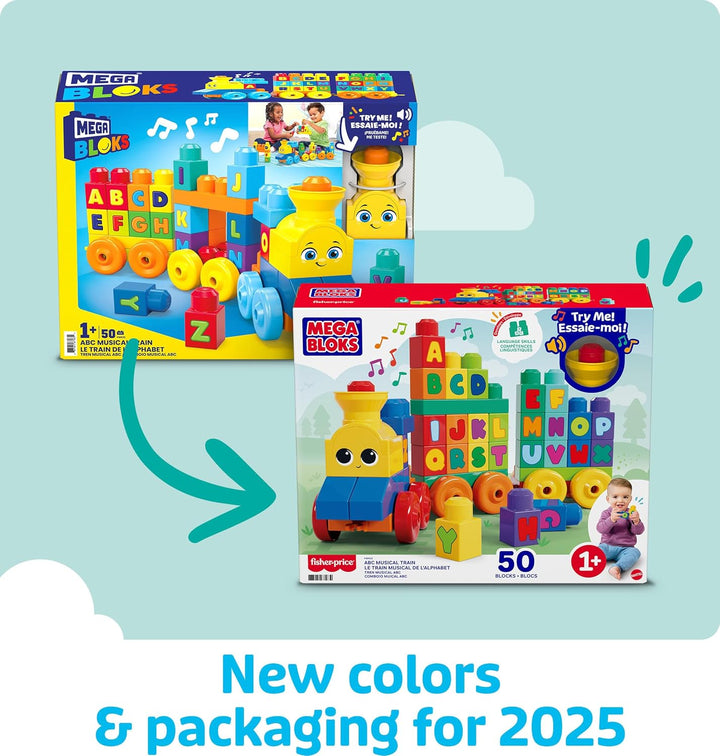 MEGA BLOKS First Builders Toddler Building Blocks Toy Set, ABC Musical Train with 50 Pieces, Music and Sounds, Ages 1+ Years
