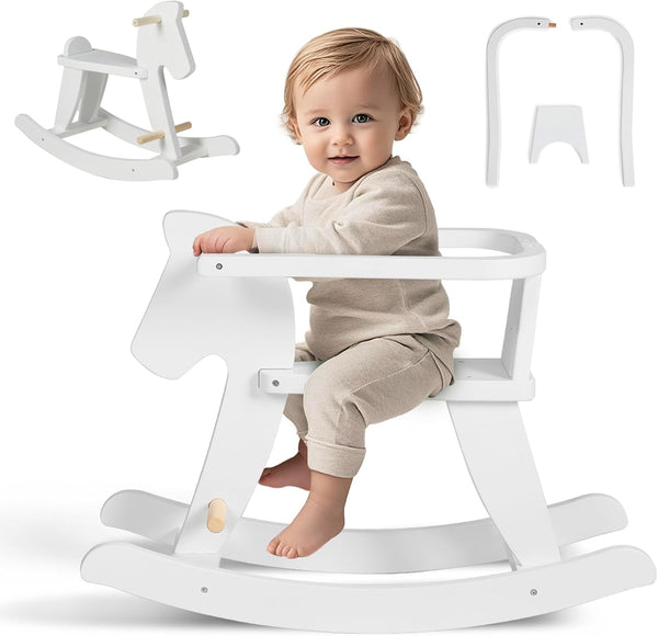 - Wooden Rocking Horse, Baby Wooden Ride on Toys for 12M+, White Rocker Toy with Removable Fence, Toddler Riding Toy Indoor/Outdoor, Nursery Birthday Gift