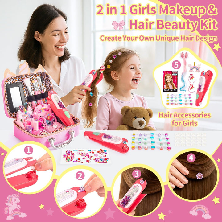 Kids Makeup Kit for Girls Toy – Washable Play Make up Set & Hair Gem Stamper, Bling Hair Jewel Accessories, Princess Dress up Toddlers Christmas Birthday Gift Ideal for Girls 3 4 5 6 7 8-12 Years Old