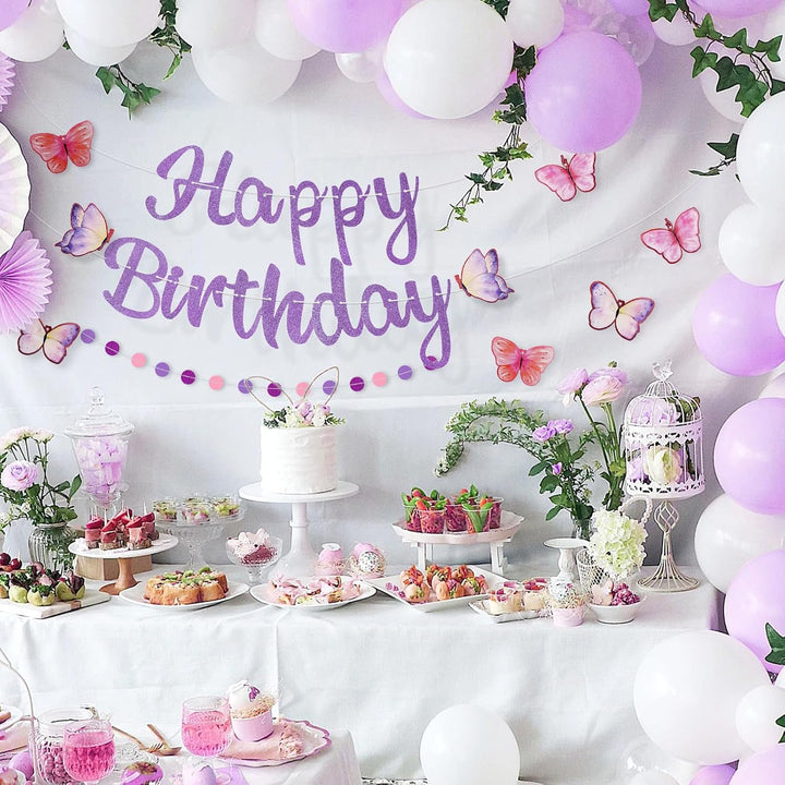 Purple Birthday Decorations, Pre-Strung Happy Birthday Banner with Butterflies and Circle Dot Garland, NO DIY Butterfly Party Decorations for Women Girls Men Boys