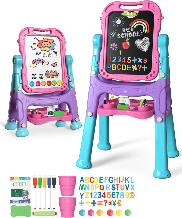 Easel for Kids, Double Sided Kids Art Easel with Magnetic White Board Chalk Board, Adjustable Standing Toddler Easel with Drawing Accessories, Gift for Girls 3 4 Years Old