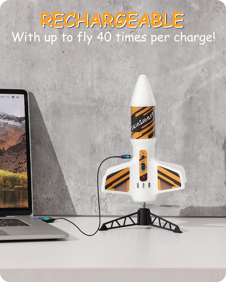 Rocket Launcher for Kids - Motorized Air Rocket Launch up to 200 Ft, Safely Land with Parachute, Self-Launching Outdoor Toy, White