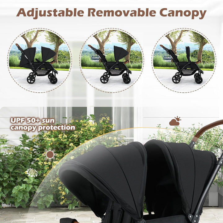 Double Stroller, Foldable Baby Tandem Stroller with Djustable Backrest Canopy Footrest, 5-Point Harness, Storage Basket, Convertible Compact Twin Stroller for Infants and Toddlers