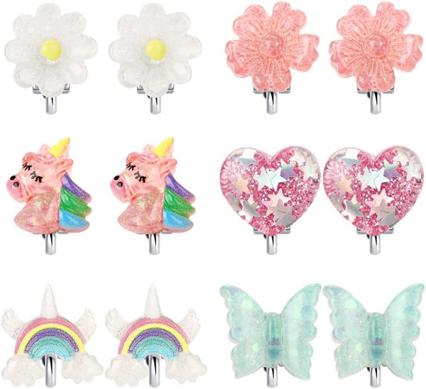 6Pairs Crystal Unicorn Clip on Earrings for Little Girls, Rainbow Clip-On Jewelry Butterfly Earrings Toddler Girls Dress up Jewelry