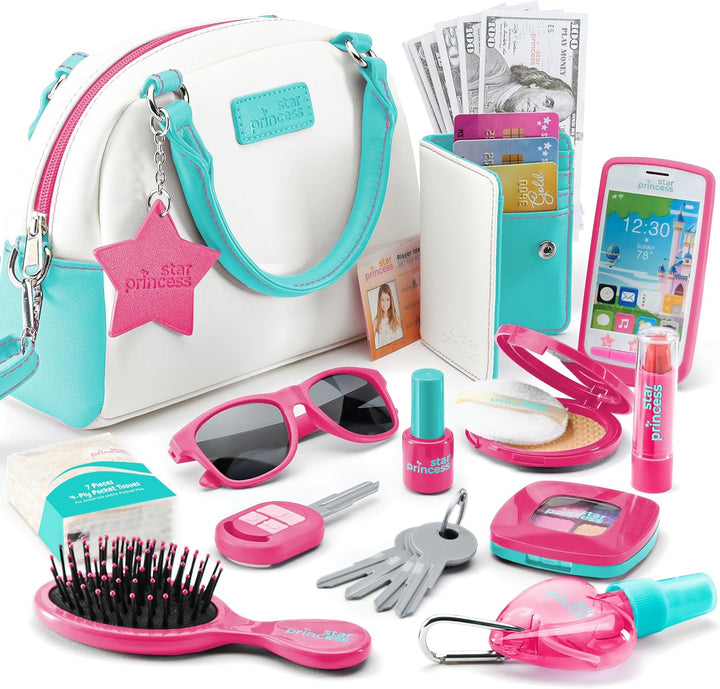Little Girls Purse with Accessories and Pretend Makeup for Toddlers - My First Purse Set Includes Handbag, Phone, Wallet, Play Makeup and More Pretend Play Toys for Girl Age 3 +