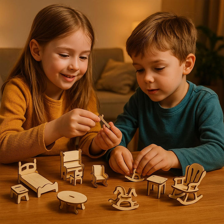 DIY Wooden Dollhouse Furniture Set, 3D Puzzle Miniature Room Accessories, Natural Wood