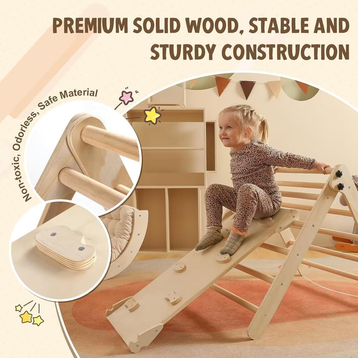 Pikler Triangle Set with Cushion Large, 5 in 1 Toddler Climbing Toys Indoor, Montessori Foldable Climbing Set for Kids, Wooden Playground Jungle Gym with Ramp, Arch and Ladder (Wooden Color)