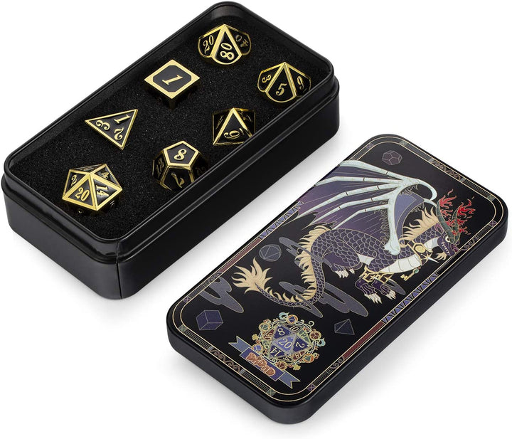 Metal Dice Set D&D, 7 Die Metallic Polyhedral Dice Set with Gift Metal Box and Gold Number for DND Dungeons and Dragons Role Playing Games (Black and Gold)