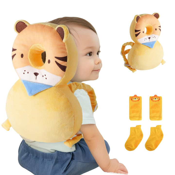 Baby Head Protector Backpack (9 to 24 Months) - Cute Head Guard Pillow with Knee Pads and Socks, Crawling and Walking Safety Set, Toddler Head Cushion Backpack, Blue
