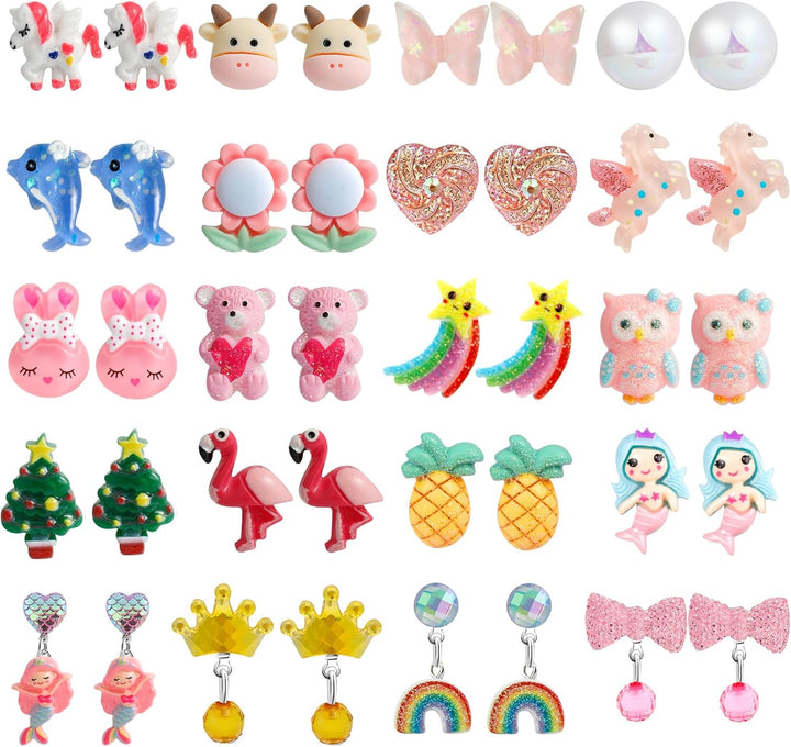 Clip on Earrings Hypoallergenic Clips Earrings Sets Suitable for Ages 4-12 Little Girls, Cute Small Clips on Earrings Jewelry Gifts Set