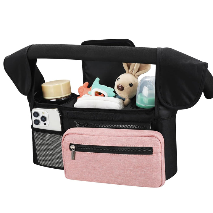 Universal Stroller Organizer with Insulated Cup Holder Detachable Phone Bag and Shoulder Strap,Stroller Bag Caddy Organizer Fits for Uppababy, Baby Jogger, Britax Strollers