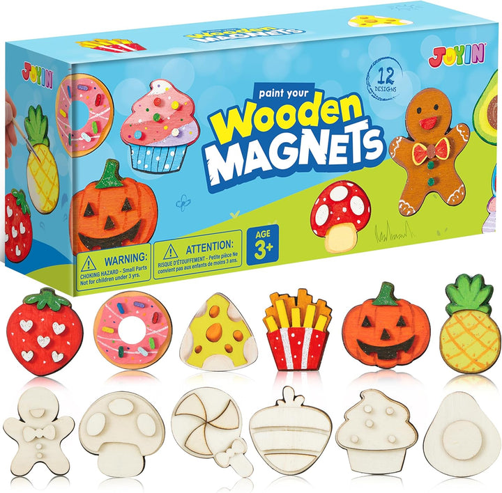 12 Wooden Magnet Creativity Arts & Crafts Painting Kit for Kids, Decorate Your Own Painting Gift for Easter Basket Stuffers, Birthday Parties and Family Crafts, Party Favors for Boys Girls