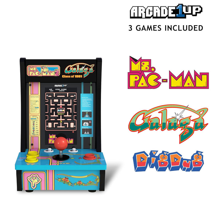 Class of ‘81 Ms. Pac-Man/Galaga Countercade – 3 Classic Games, Retro Game Console for Home, Portable Console with 7-Inch Screen, Table-Top Video Game for Game Room
