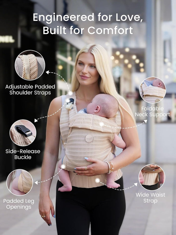 Baby Carrier Newborn to Toddler, Breathable Mesh Carrier(7-44Lbs) with One-Click Sliding Clasp, Head Support, Ergonomic Design and Hands-Free Comfort, Almond Beige