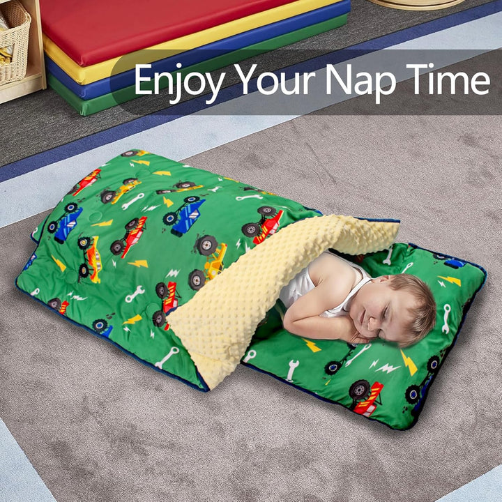 Toddler Nap Mat Extra Large Thickened 55''X35'', Soft Sleeping Bag with Detachable Minky Blanket and Pillow, Portable for Daycare, Preschool, Kindergarten, Travel, Boys and Girls