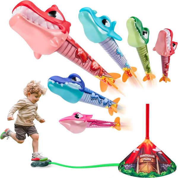 Dinosaur Toy Rocket Launcher for Kids, 6 Dinosaur Foam Rockets, Launch up to 100 Ft, Family Fun, Birthdays, Gift for Kids Boys 3 4 5 6 7 8 Years Old