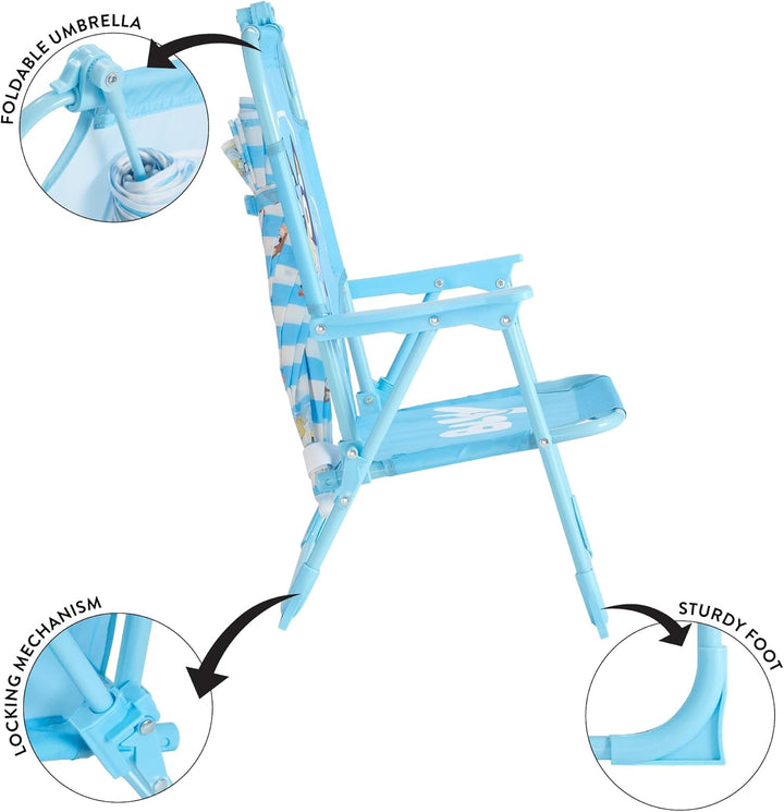 Bluey Kids Outdoor Folding Beach Chair with Umbrella,Portable Camp Chair for Ages 3+, Lightweight & Compact for Beach, Camping, and Backyard