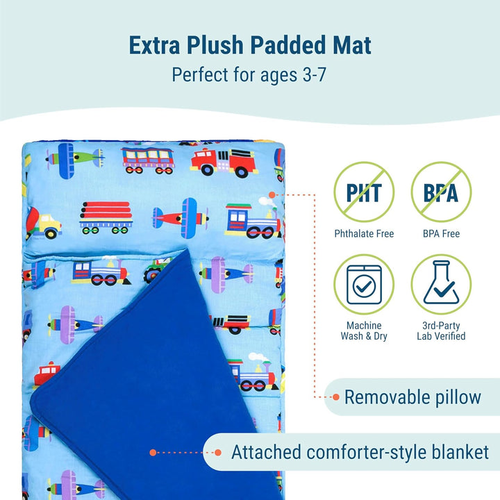 Kids Original Nap Mat – Cozy Kids Sleep Mat with Pillow, Ideal for School & Travel - Trains, Planes, and Trucks