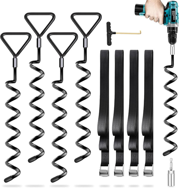 Trampoline Stakes Heavy Duty Trampoline Anchors Kit, Spiral Screw in Ground Anchors with Straps, Earth Anchors Earth Anchors Swing Set Anchors for Trampoline