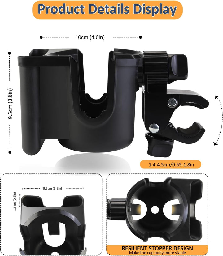 Universal Stroller Cup Holder with Phone Holder, 360°Rotatable Bottle Holder with Strong Clip, Accessories for Stroller, Bike, Wheelchair, Walker, Scooter