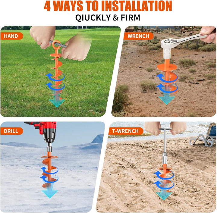 Ground Anchor Screw In, 4 Pack Spiral Trampoline Anchors with Nut and Tool Swing Set Anchors Tent Stakes High Wind Heavy Duty for Sheds, Carports, Mobile Home Orange