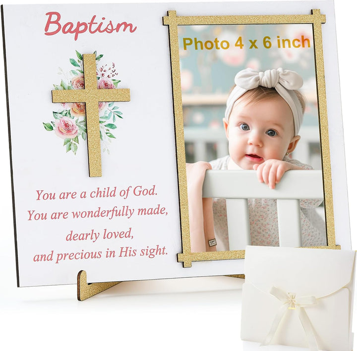 Baptism Photo Frame with Gift Box 4 X 6 Inch Baptism Wooden Picture Frame Catholic Keepsake Gifts for Girl Boy Baby Shower Godchild New Baby Religious Christening Party Favors(Leaf)