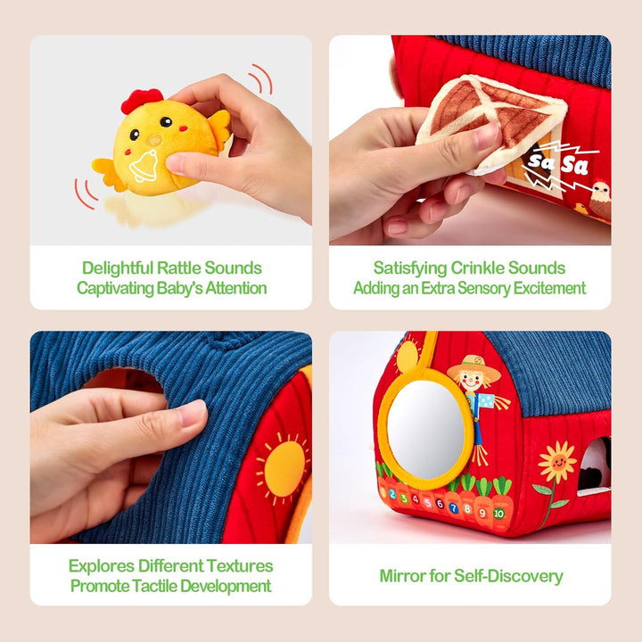 Baby Toys 6-12 Months - Surprise Barn with Stuffed Farm Animals, Rattle, Crinkle Paper, Mirror - Montessori Toys for 6 Month Old Babies, Sensory Balls Toddlers 1-3, 1 Year Old Boy Girl Gifts