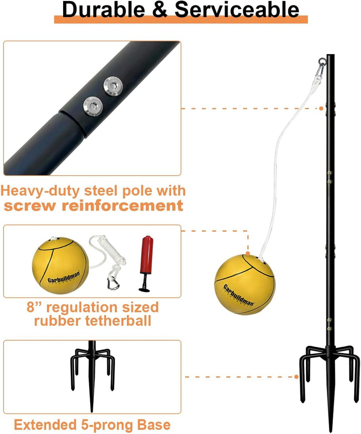 Tetherball Set with Ball & Rope for Outdoor Backyard, Adjustable Tether Ball Pole with Screw Reinforcement 5-Prong Base for Playground, outside Ball Games Sports for Kids & Adults