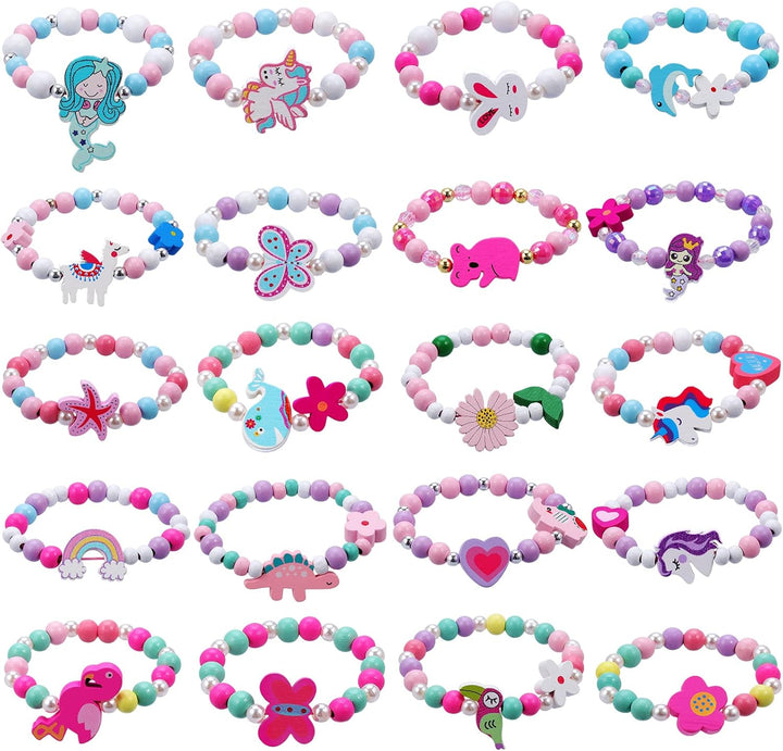 12 Pcs Kids Bracelets for Toddlers Girls - Unicorn Party Favors Pinata Stuffers Birthday Goodies Bag Stuffers Fillers, Cute Wooden Beaded Bracelets Rainbow Heart Pendants Play Jewelry Gifts