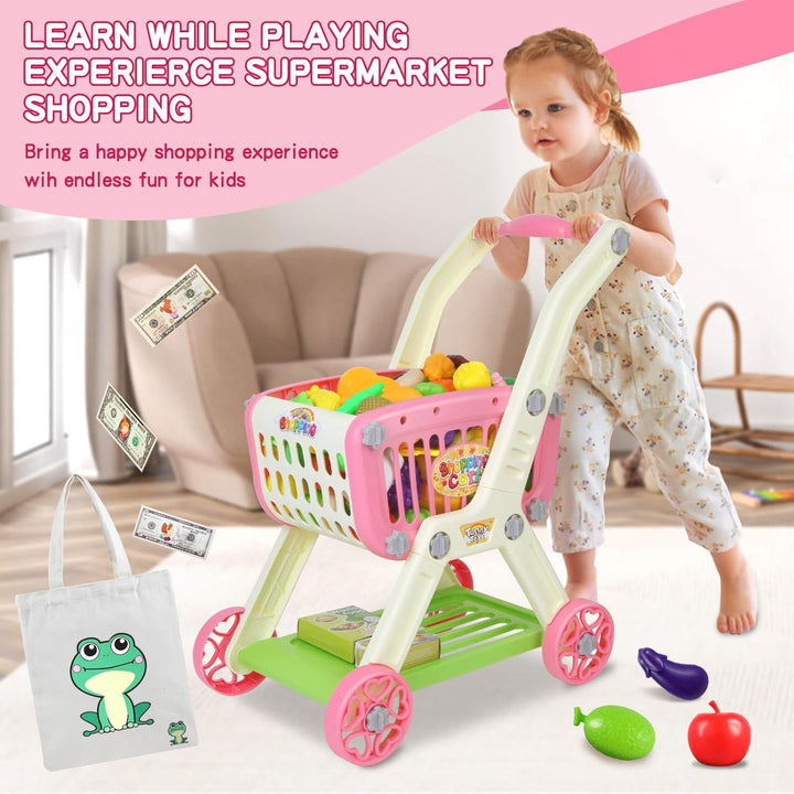 Kids Shopping Cart - 2 in 1 Toy Shopping Cart with Play Food Fruit Vegetable Dessert and Shop Accessories, 72Pcs Pretend Play Grocery Store Toy Kitchen Game Trolley Play Set for Kids (Pink)