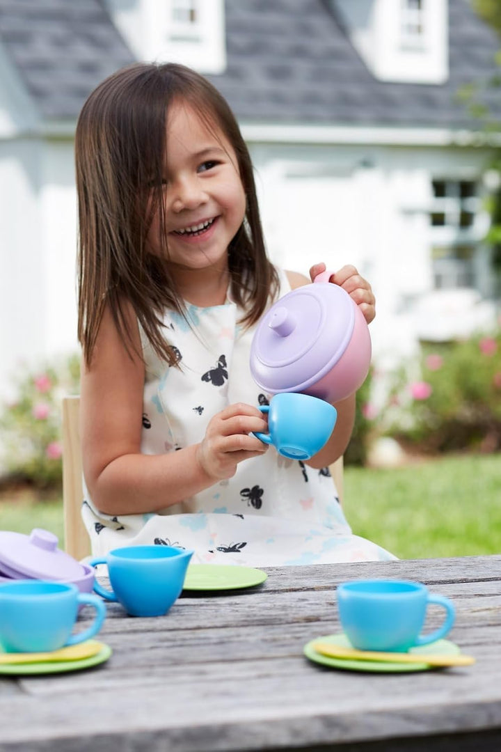 Tea Set, Pink 4C - 17 Piece Pretend Play, Motor Skills, Language & Communication Kids Role Play Toy. No BPA, Phthalates, PVC. Dishwasher Safe, Recycled Plastic, Made in USA.