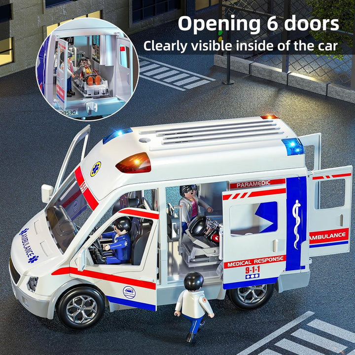 Play Ambulance Toy for Kids 3 4 5 6 7 8 Years Old - Friction Powered Truck with Light and Sound, Carrier Vehicle with Figures Toys, Gifts for Boys Girls Age 3-12