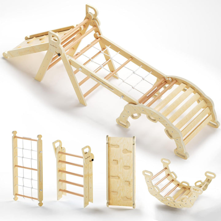 Pikler Triangle Set 7In1 Foldable Baby Climbing Toys Wooden Montessori Climbing Set with Arch&Ramp&Ladder Baby Climber Indoor Jungle Gyms for Toddlers Montessori Toys - Rainbow