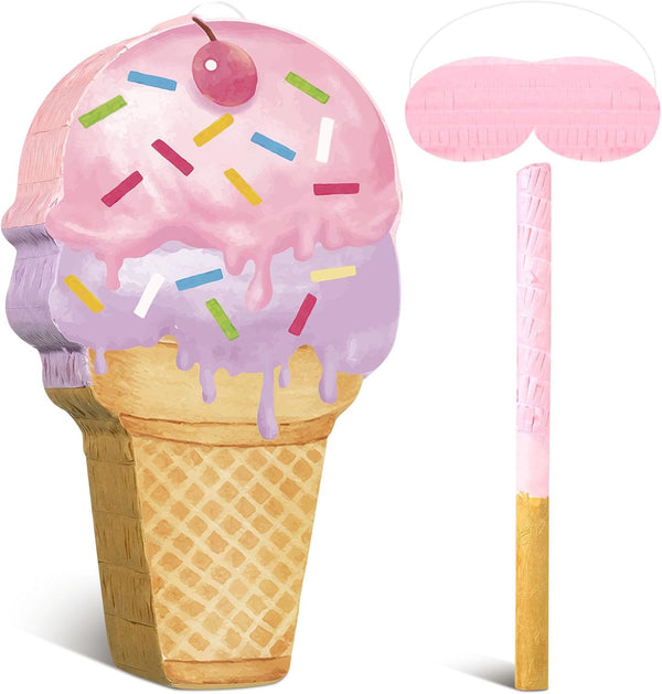 Pink Ice Cream Piñata Cute Dessert Cone Shaped Piñata with Stick Blindfold for Ice Cream Candy Birthday Party Summer Baby Shower Wedding Party Supplies Decor, 15.8 X 9.5 Inch